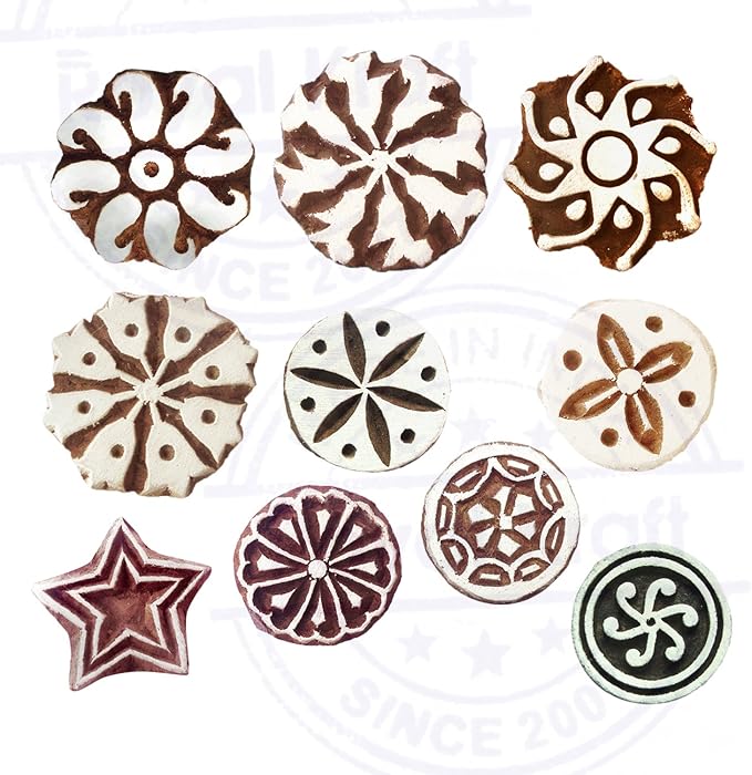 Paper Print Stamps Intricate Small Round Pattern Wood Blocks (Set of 10)