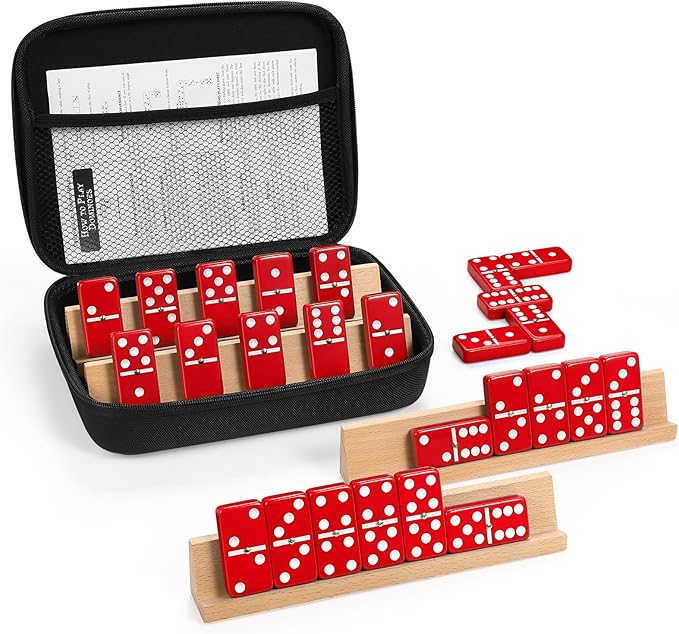 Dominoes Set for Adults with 4 Wooden Racks/Trays, Double Six Dominoes Travel Set with Portable Case Double 6 Dominoes Set with 4 Tiles Holders, 28 Tiles Dominos Set for Family Board Games - Red
