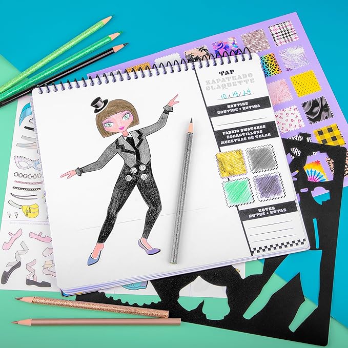 Fashion Angels I Just Wanna Dance Fashion Sketch Set, Create Dance-Themed Outfits with 35 Sketch Pages, 100+ Stickers & Stencils, Fun Craft Kit for Kids