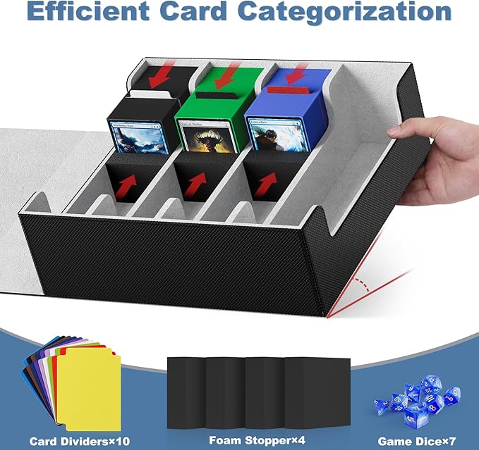 Mlikero Card Deck Case, 2400+ Trading Card Storage Box with 10 Colorful Dividers and 4 Foam Stoppers, Leather Magnetic Closure Commander Deck Box Fit for MTG, TCG (4 Rows, Black&Grey)