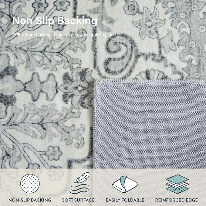 Lahome Bohemian Floral Medallion Area Rug - 3x5 Beige Washable Entryway Rug Office Mat, Transitional Non Slip Indoor Throw Bedroom Carpet for Kitchen Coffee Table Mudroom Dressing Room RV