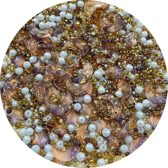 Assorted Glass Beads for Jewelry Making Multi Size Colors Glass Star Moon Seed Pearl Spacer Beads for Bracelets Necklace Earring Making(White Brown)