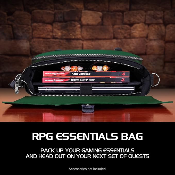 ENHANCE Collector's Edition RPG Player's Essentials DND Bag - Dragon Hide Exterior Messenger Bag Fits 2-4 Books, Binders, Dice & Accessories, with 17 inch Laptop Slot, Battlemap Straps (Dragon Green)