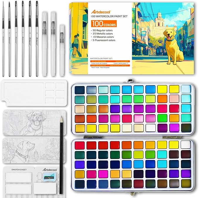Watercolor Paint Set, 100 Colors, Travel Water Colors kit with 9 Brushes, 3 Swatch Cards, Palette set Including Metallic and Accessories Art Supplies Gifts for Kids Artists Teens Adults and Hobbyists
