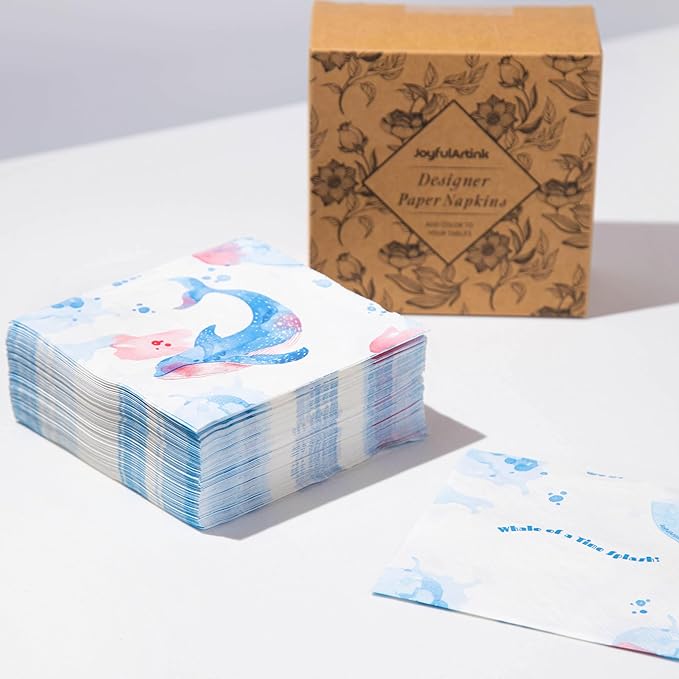 80 pcs Premium Designer Cocktail Beverage Napkins, 3-Ply 5 x 5-inches Disposable Napkin, Aqua Amore Dreams of Whale