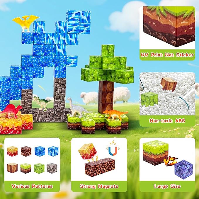 100PCS Dinosaur Magnetic Blocks for Kids: 1" Magnetic Building Blocks for Kids Ages 4-8 8-12, Magnet Cubes Sensory STEM Stacking Toys for Boys & Girls,Christmas Birthday Gifts for Toddler Ages 3+