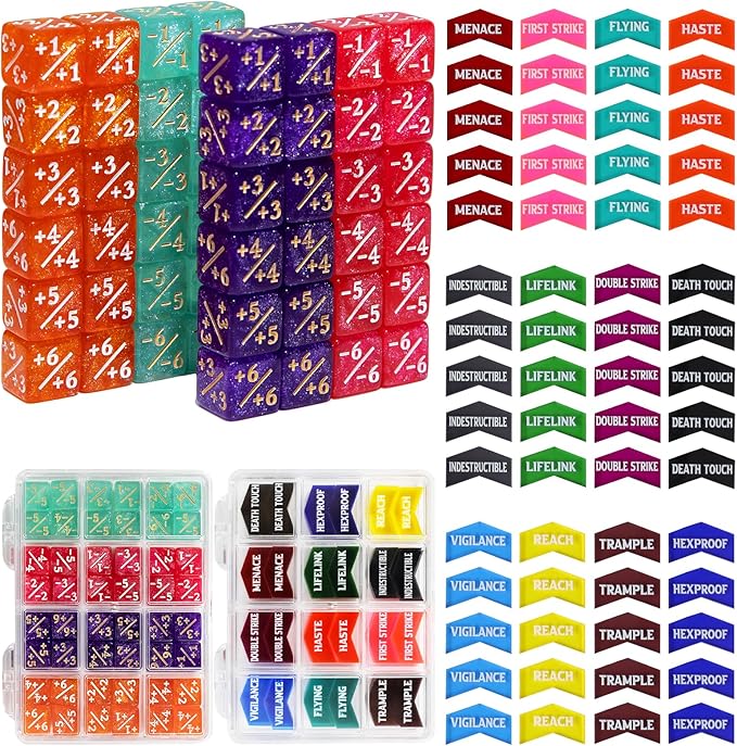 SIXPOINTS 108PCS 12mm MTG Counter Dice +1/+1 Tokens 6 Sided Dice & Keyword Counters Tokens Set for Magic The Gathering, MTG, TCG, Card Games Accessories