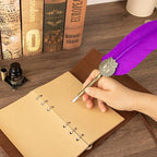 Quill pen ink set,Feather Pen and Ink Set,Antique Calligraphy Pen with 4 Replaceable Nibs,2 Bottle of ink,Feather Dip Pen Holder Christmas Gift for Men&Women.(Purple)