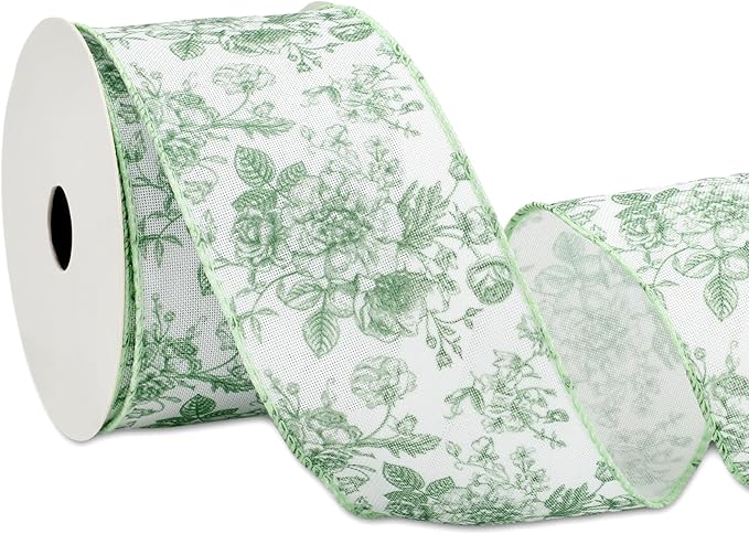 AnyDesign Floral Wired Edge Ribbon Roll Green Flower Ribbon Chinoiserie Fabric Ribbon for Wreath Bow Making DIY Crafts Gift Wrapping, 12 Yard
