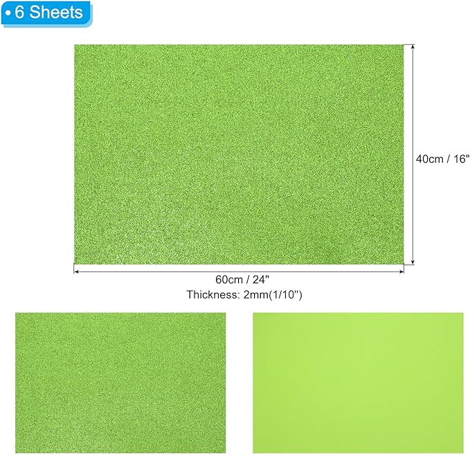 PATIKIL 2mm(1/10") Thick Non Adhesive Glitter Foam Sheet 16x24inch(40x60cm) Light Green, EVA Shiny Foam Board for Craft, 6 Pcs