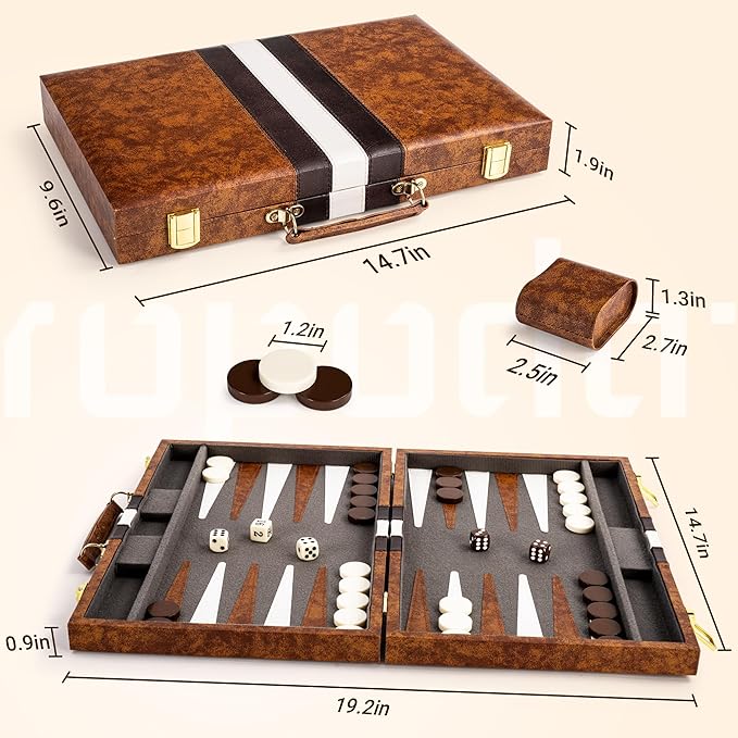 ropoda Backgammon Board Game Set (15 Inches) for Adults and Kids - Classic Board Strategy Game - Portable and Travel Backgammon Set with Premium Leather Case - Best Strategy & Tip Guide