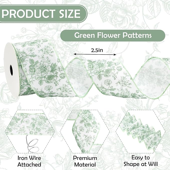 AnyDesign Floral Wired Edge Ribbon Roll Green Flower Ribbon Chinoiserie Fabric Ribbon for Wreath Bow Making DIY Crafts Gift Wrapping, 12 Yard