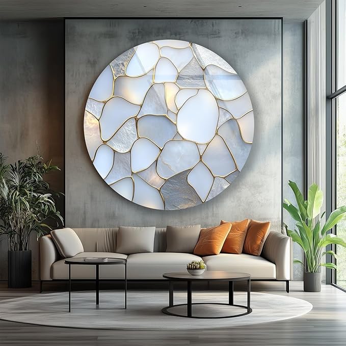 My Photostation.com 31.5''(80cm) Diameter White Stone Mosaic Round Glass Wall Art Tempered Glass Printing Wall Decor Large Wall Art Wall Hangings
