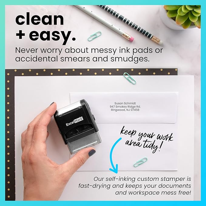 ExcelMark Custom Stamp – Clear & Crisp Impressions – Personalized Self-Inking Rubber Stamp – Use for Address Stamp and More (Small)