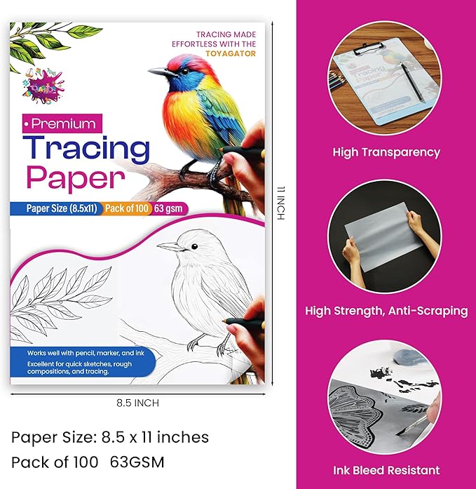 Tracing Paper 8.5 x 11 Inch - 100 Sheets 41lb/63gsm Transparent Vellum Paper for Sketching, Preliminary Drawing, Drafting & Overlays - Premium Translucent Tracing Paper for Pencil, Marker and Ink