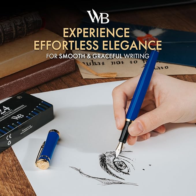 Wordsworth & Black Fountain Pen Set, 18K Gilded Extra Fine Nib, Includes 24 Pack Ink Cartridges, Ink Refill Converter & Gift Box, Gold Finish, Calligraphy, [Imperial Blue], Perfect for Men & Women