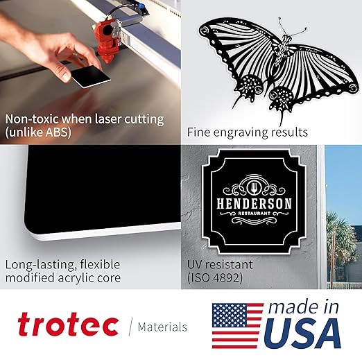 Trotec TroLase | 12"x20"x1/32", 4 Pcs | Black/White | 2 Ply | Modified Acrylic | Laser Engraving Double Color Plastic Sheet | Engraving Blanks for Laser, Saw, Guillotine | Made in USA