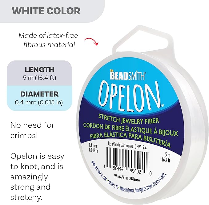 The Beadsmith Opelon Stretch Cord – Elastic Beading Fiber, White, 0.4 mm Diameter, 5 Meters (16.4 ft) Spool