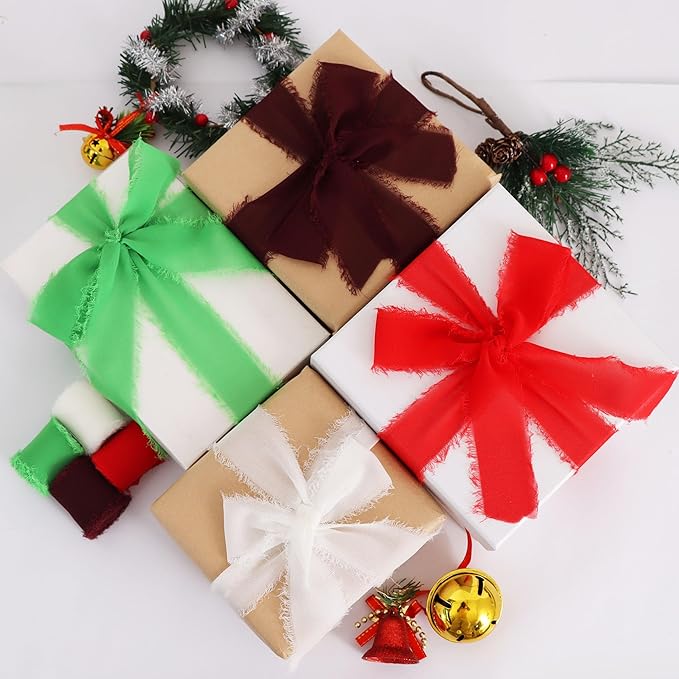 TONIFUL 4 Rolls Silk Chiffon Ribbon 1-1/2 Inch x 22 Yards, Bright Red and Green Handmade Fringe Silk Ribbon Set for Gift Wrapping Flowral Bouquets Crafts Christmas Wreath Elf-Themed Party Decoration