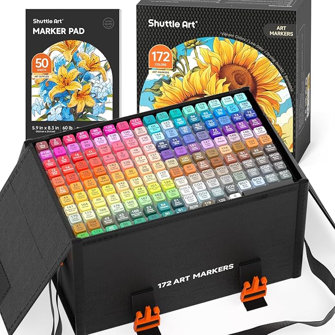 Shuttle Art 172 Colors Dual Tip Alcohol Based Art Markers,171 Colors plus 1 Blender Permanent Marker 1 Marker Pad with Case Perfect for Kids Adult Coloring Books Sketching and Card Making