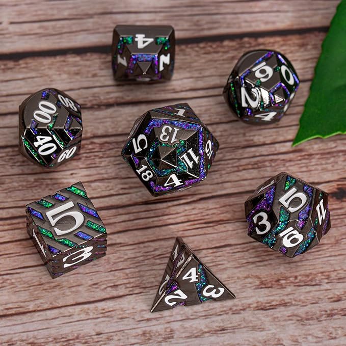 Dungeons and Dragons Dice, Metallic Stripes Dice with Gift Case, Metal Polyhedral Dice Sets for Tabletop Games D&D Role Playing Game (Black Nickel-Purple Green)