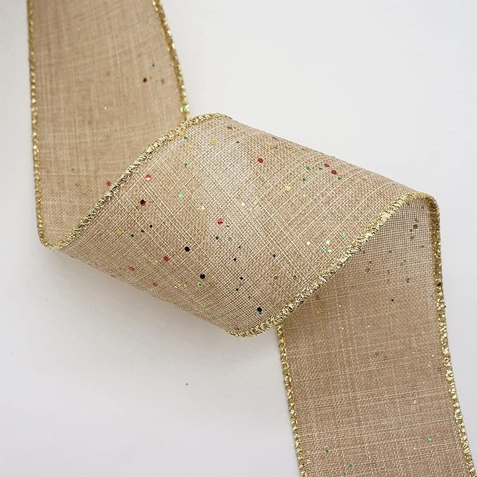 CT CRAFT LLC Tan Burlap Fabric Confetti Glitter Wired Ribbon 2.5" x 10 Yards Natural Color for Christmas Home Wedding Decor Gift Wrapping Tree Topper Bow Wreath Bouquet DIY Crafts
