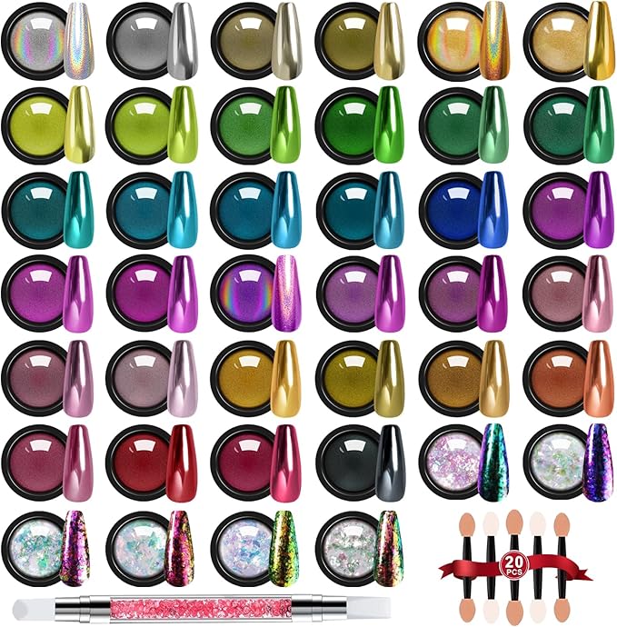 Mirror Chrome Nail Powder Set, 40 Colors Unicorn Iridescent Holographic Chrome Powder, Metallic Gold Silver Red Blue Green Black Purple Brown Chrome Pigment Nail Art Glitter Chameleon Flakes Sequins