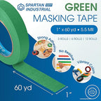 Spartan Industrial - 1" X 60 yd Green Masking Tape - 12 Colored Tape Rolls for Bundling, Labeling, and More - No Residue, 5.5 Mil