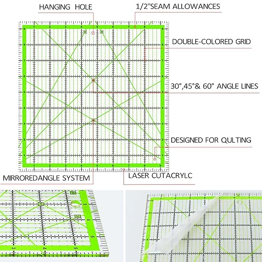 Quilting Rulers, Acrylic Quilt Ruler,4 Square Fabric Cutting Ruler (4.5"X4.5", 6"X6", 9.5"X9.5", 12.5"X12.5"), Quilting Templates with Non Slip Rings.