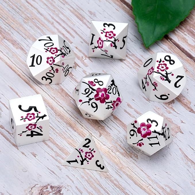 DND Metal Dice Set,7pcs Set Flower Metallic Dice Set with Box,RPG Polyhedral Dice for Table Game (Silver-Purple)