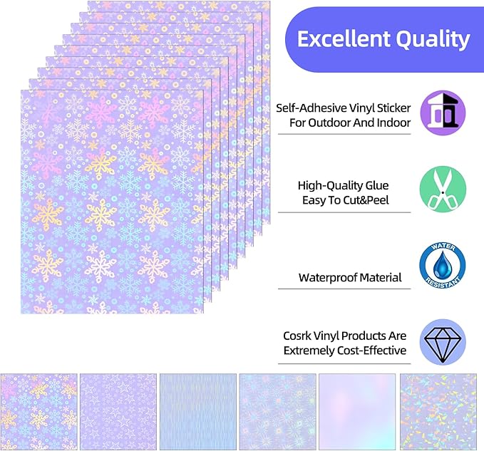 36 Sheets Holographic Sticker Paper, Clear Vinyl Laminate Film for Stickers Waterproof, Transparent Overlay Lamination Sticker Paper Self-Adhesive, 6 Patterns-8.5x11 Inch