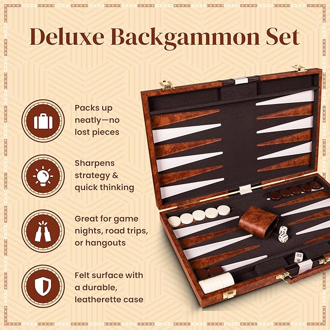 Backgammon Sets for Adults with Premium Leather Case | Classic Travel Backgammon Set for Adults and Kids with Strategy & Guide | 15 Inches | Medium | Brown