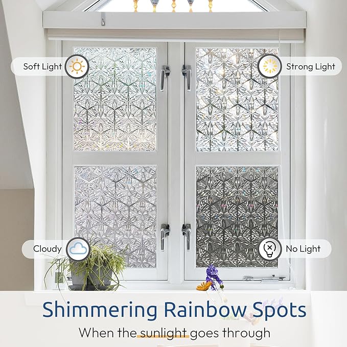 rabbitgoo Window Privacy Film Stained Glass Window Film, Decorative Stickers Removable UV Sun Blocking Clings Door Coverings, Diamond Pattern, 23.6 x 157.5 inches