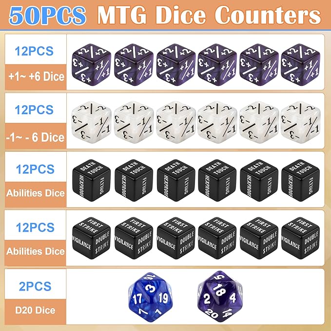 50PCS MTG Dice Counters, 24PCS Abilities Keywords/ 24P -1/+1 Buff Tokens/ 2P D20 Cube Dices/Storage Bag, MTG Counters for TCG Card Games