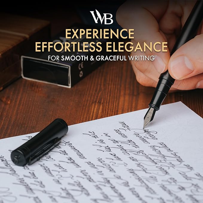 Wordsworth & Black Fountain Pen Set, Medium Nib, Includes 24 Pack Ink Cartridges, Ink Refill Converter & Gift Box, Calligraphy, [All Black], Perfect for Men & Women