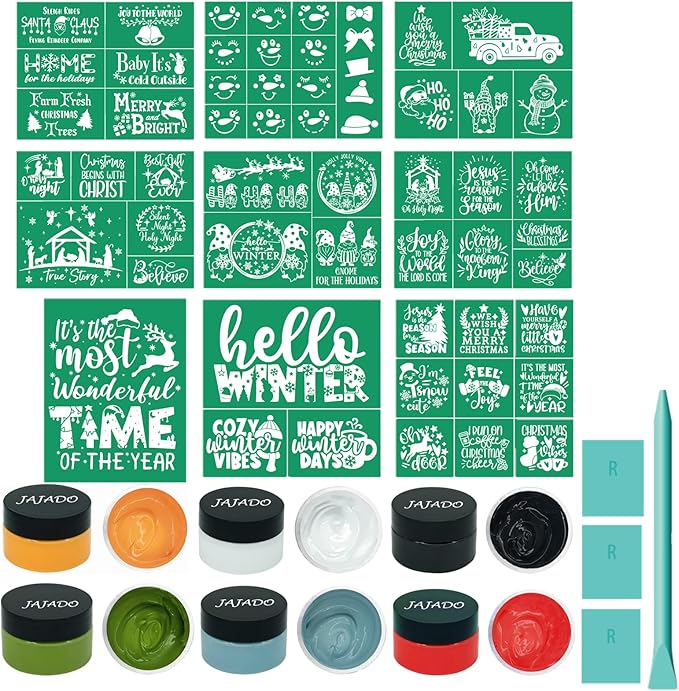 JAJADO 19pcs Christmas Stencils Chalk Paste Paint Set with Mini Squeegees, Self Adhesive Silk Screen Stencils Xmas Screen Print Mesh Transfer for Painting on Wood, Fabric, Glass, DIY Christmas Decor