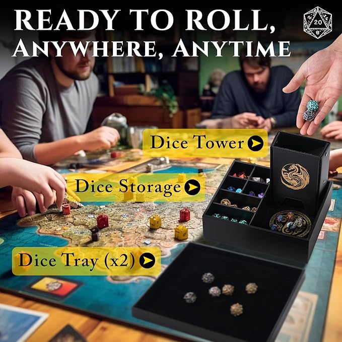 Dice Tray and Dice Tower for DND: All-in-One Tray, Storage & Large Tower for Random Rolls - Stores Your Sets, Mini's etc, Perfect for D&D and RPG Gift Accessories (Gold Dragon)