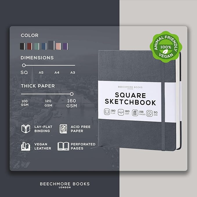 Beechmore Books Square Sketchbook – 8x8 Premium Vegan Leather Bound Large Sketch Book Hardcover with 156 Thick 160gsm Perforated Ivory Pages, Blank Sketch Pad, Gift Boxed Back Pocket, Ribbon Bookmark