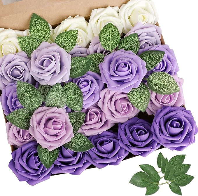 AmyHomie Artificial Flower Seriesc Purple Rose 25pcs Real Looking Fake Roses w/Stem for DIY Wedding Bouquets Centerpieces Arrangements Party Baby Shower Home Decorations
