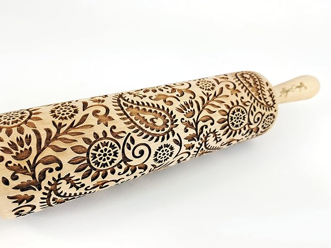 INDIAN embossing rolling pin with Indian Paisley Pattern. Dough roller for embossed cookies and Pottery by Algis Crafts