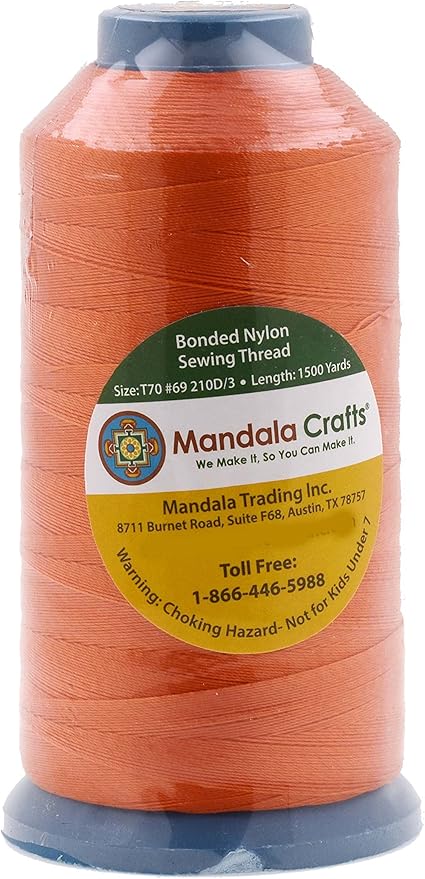 Mandala Crafts Bonded Nylon Thread Orange Heavy Duty Sewing Threads - 1500 YDs Size 69 210D T70 Tex 70 Thread for Leather Jeans Weaving Outdoor Marine Upholstery Threads