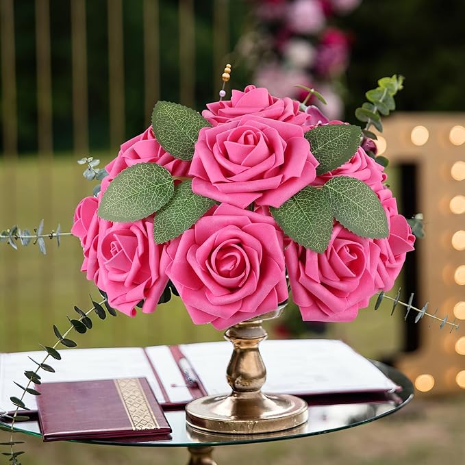 AmyHomie 25pcs Real Looking Artificial Hot Pink Roses w/Stem for DIY Wedding Bouquets Centerpieces Arrangements Party Baby Shower Home Decorations