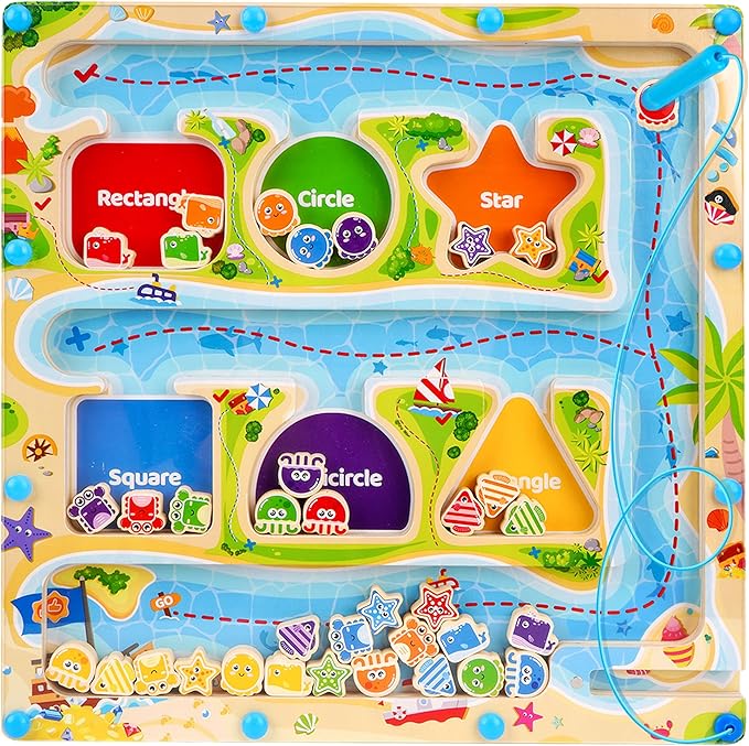 FCSONU Magnetic Color & Shape Maze, Toddler Montessori Toys for 3 4 5 Years Old Boy Girl Birthday Gifts, Wooden Magnetic Board for Kids Puzzles, Color Shape Sorting Magnet Toys, Preschool Activities