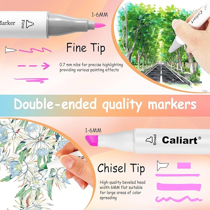 Caliart Pastel Markers, 61 Colors Dual Tip Art Markers Sketch Pens Permanent Alcohol Based, with Case for Adult Artist Halloween Drawing Sketching