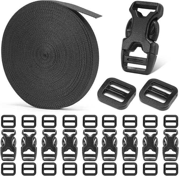 Buckle and Strap Set 3/8", 10 Yards Webbing Strap, 10-Pack Dual Adjustable Side Release Plastic Buckles, 20 Tri-Glide Slider Clips, Black (3/8 Inch Combo Set)