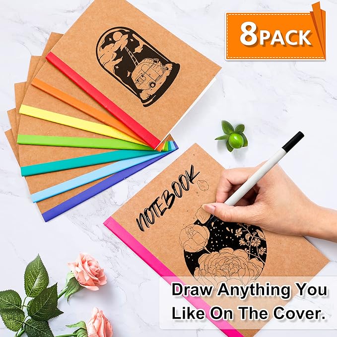 feela 8 Pack Composition Notebooks Bulk, Kraft Cover Lined Blank College Ruled Composition Travel Journals with Rainbow Spines For Women Students Business, 60 Pages, 8.3”x 5.5”, A5, 8 Colors
