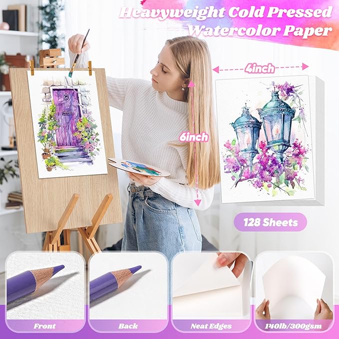 128 Sheets Watercolor Paper, 4"x6" Cold Press Water Color Paper for Kids Adults, 140lb/300gsm Artists Drawing Coloring Sketching Painting, Arts and Crafts Supplies, Valentine Gift Cards, White, Bulk