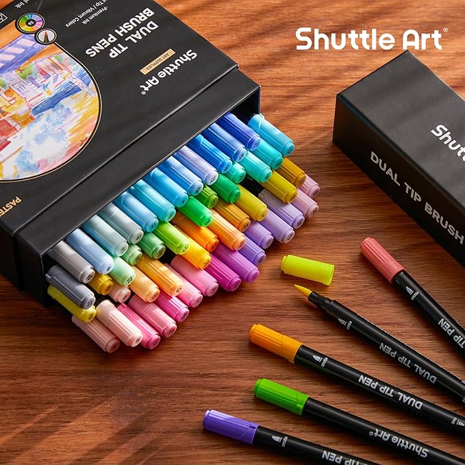 Shuttle Art Pastel Brush Pens, 56 Pastel Colouring Pens, Dual Tip Brush Markers with Fineliner Tip, Drawing Felt Tip Pens for Adults Colouring Books, Painting Sketching Calligraphy and Journaling