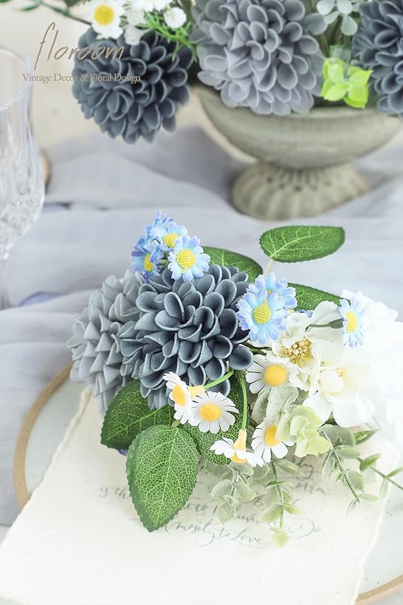 Floroom Artificial Dahlia Flowers 25pcs Real Looking Blue Shades Foam Fake Roses with Stems for DIY Wedding Bouquets Bridal Shower Centerpieces Floral Arrangements Party Tables Home Decoration