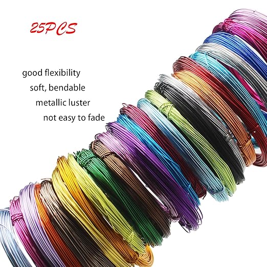 25 Rolls 820 Feet Colored Aluminum Craft Wire 0.8 mm Flexible Metal Artistic Jewelry Beading Wire, Each Roll 32.8 Feet, 25 Colors